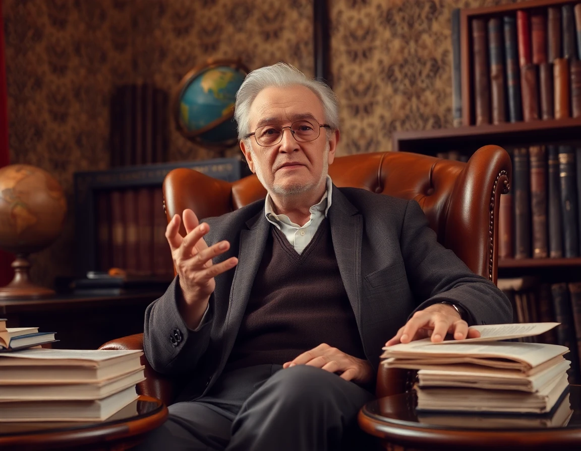 Elderly male author in vintage reading nook with manuscripts and leather chair