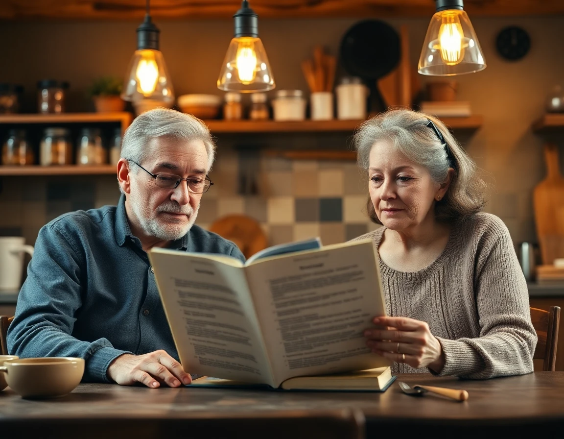 Elderly couple reading kitchen rules at rustic table in cozy home kitchen