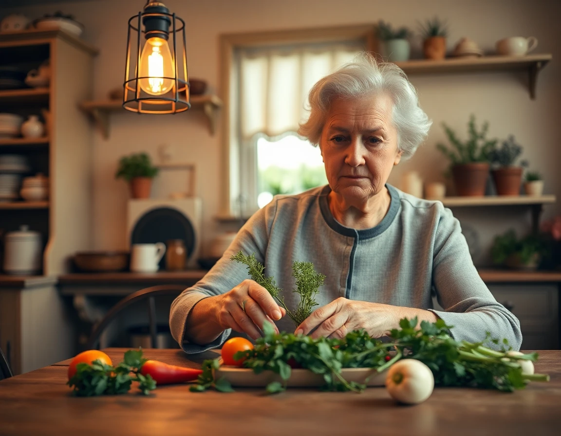 Elderly woman preparing herbs at rustic kitchen table, warm cozy atmosphere