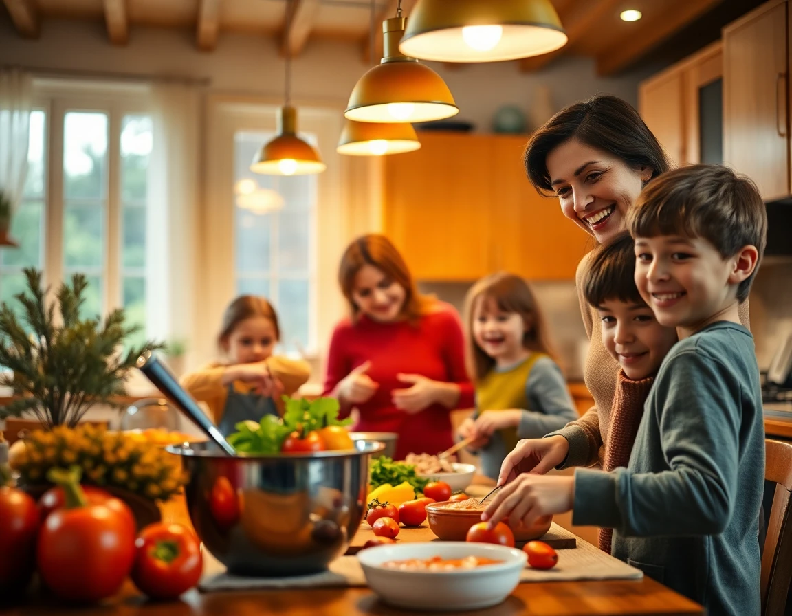 Family cooking together in a bright, cozy home kitchen
