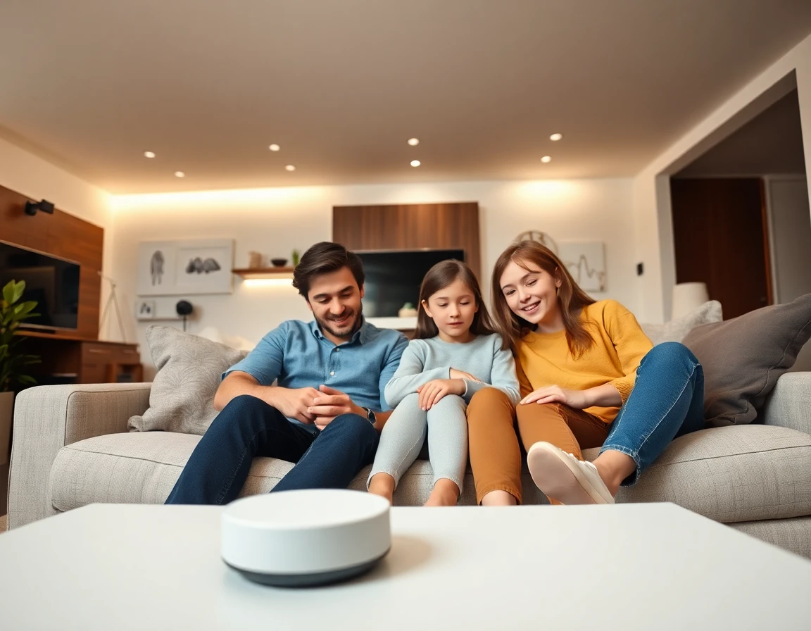 Family relaxing with smart home device, stylish modern interior, warm lighting, inviting atmosphere
