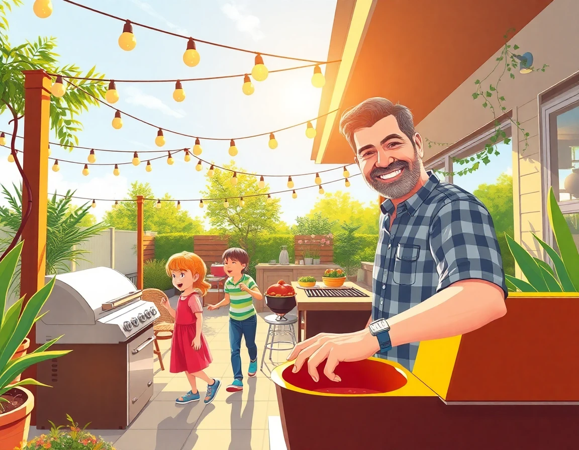 family enjoying outdoor barbecue in stylish patio with lush greenery and string lights