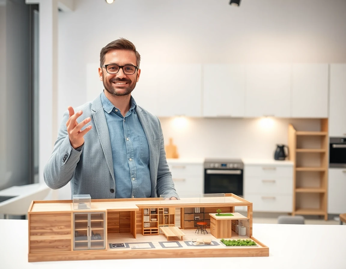 kitchen designer explaining layout features with scale model