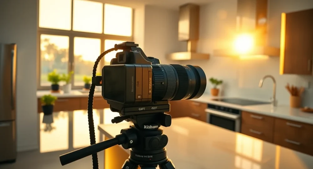 cinematic wide banner of a modern kitchen with warm lighting and sleek design