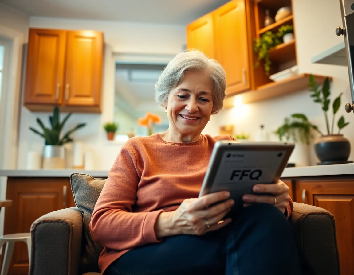 elderly woman relaxing in cozy kitchen reading FAQs on tablet