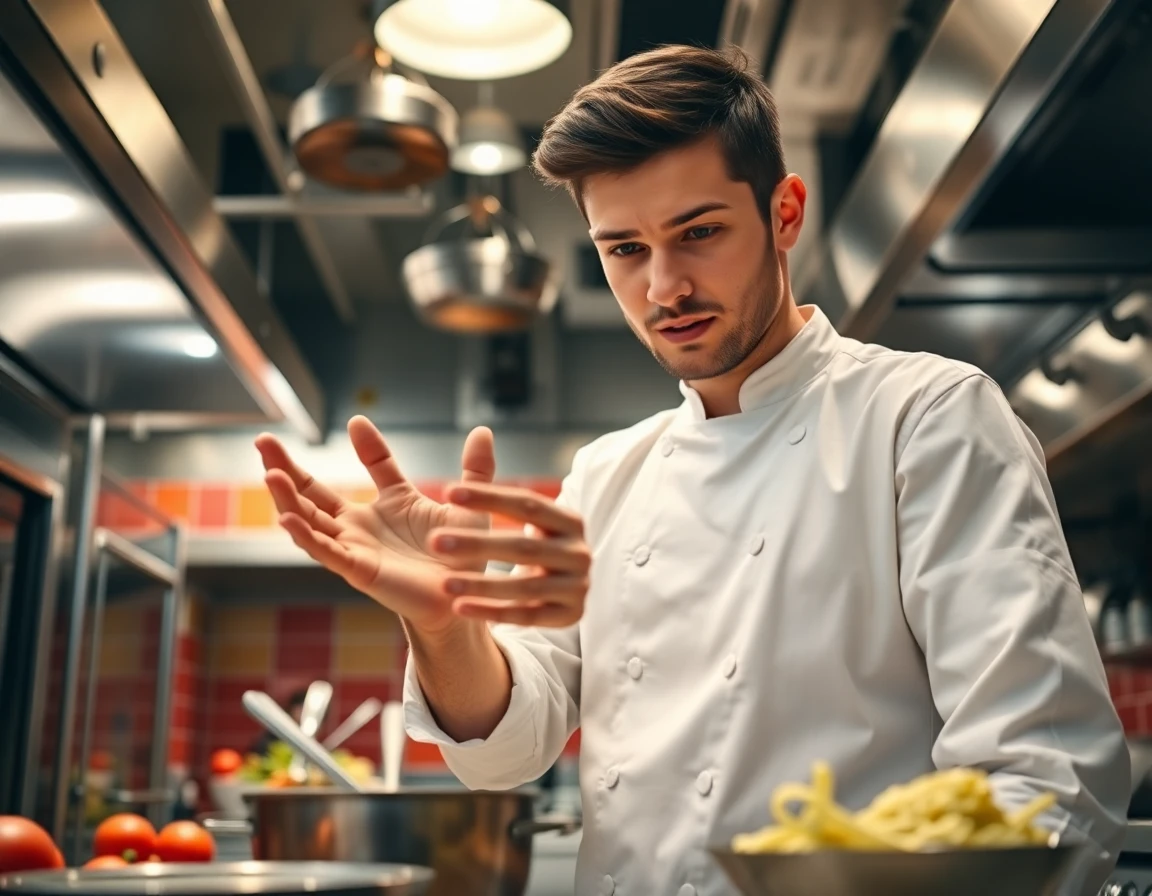 young chef demonstrating cooking tips in a professional kitchen