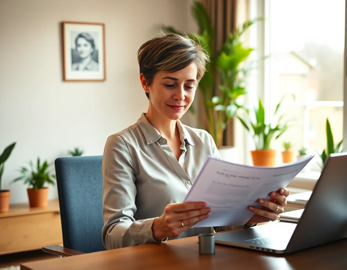 Professional female editor reviewing documents in a modern home office, warm lighting, inviting atmosphere