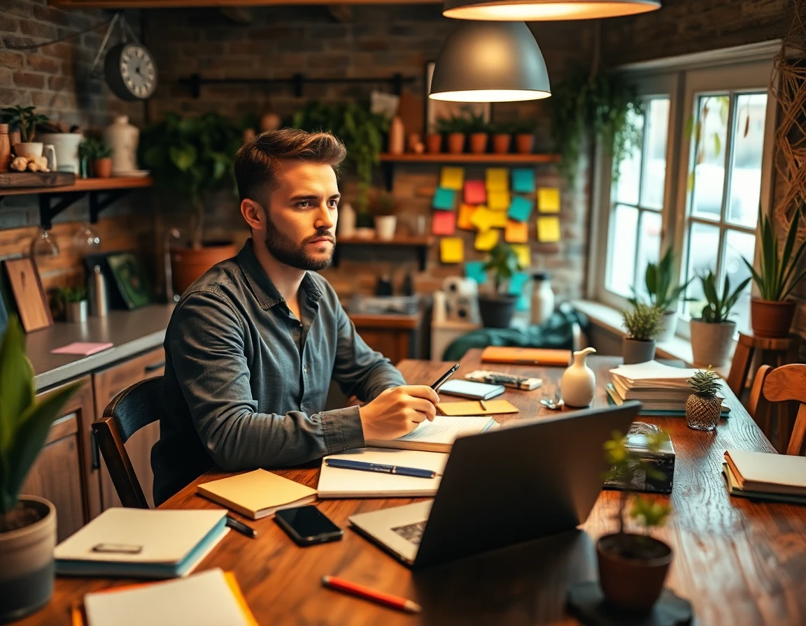 Young man brainstorming guest post ideas at rustic kitchen table
