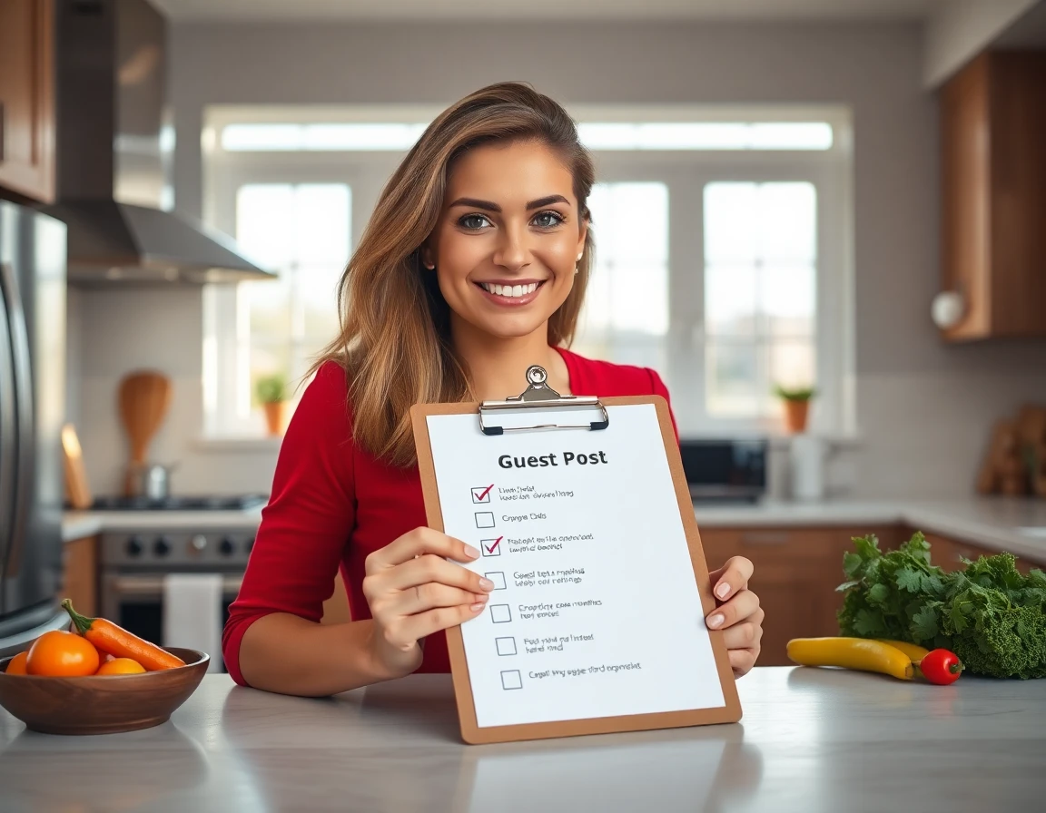 Person holding checklist of guest post guidelines in modern kitchen