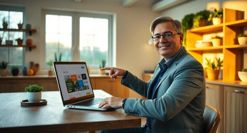 Home kitchen workspace with laptop and person explaining guest post guidelines