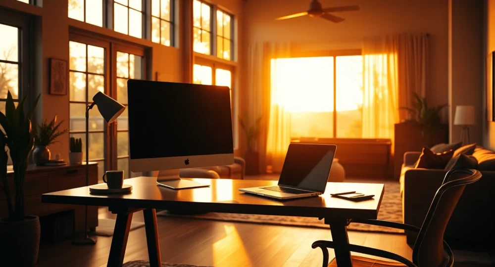 Modern home office with warm lighting, ideal for guest post about pricing strategies