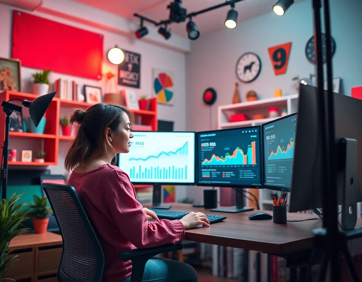 Content creator reviewing analytics in vibrant home studio for guest post article