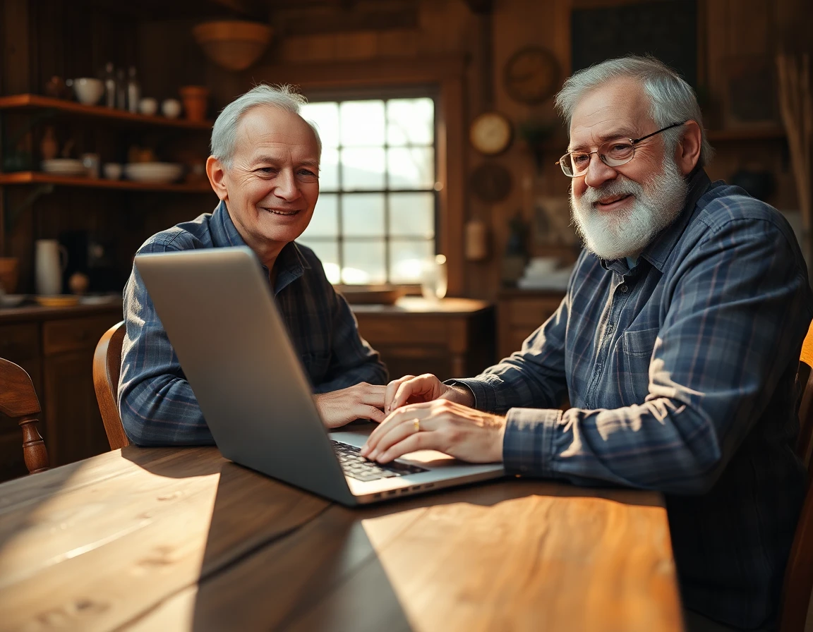 Elderly man with laptop and pricing plan at rustic kitchen table in warm light