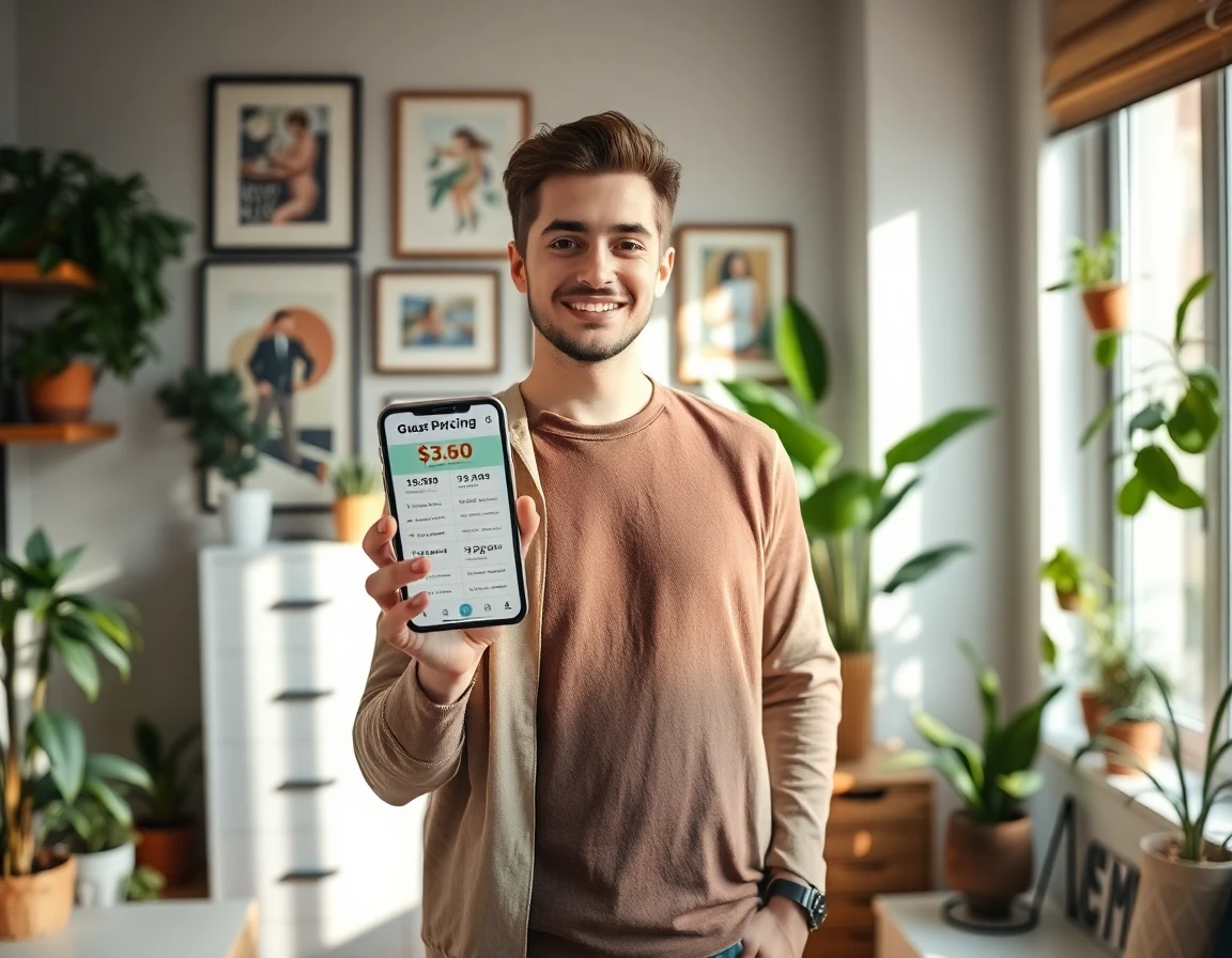 Young freelancer with smartphone displaying pricing infographic in cozy home office