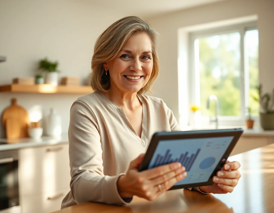 Woman with tablet showing pricing charts in bright kitchen for guest post article
