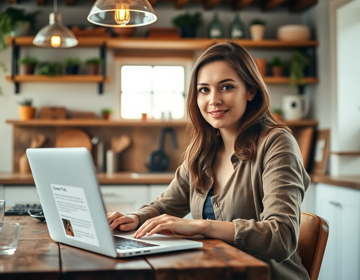 Young woman reviewing guest post content in rustic kitchen with natural lighting