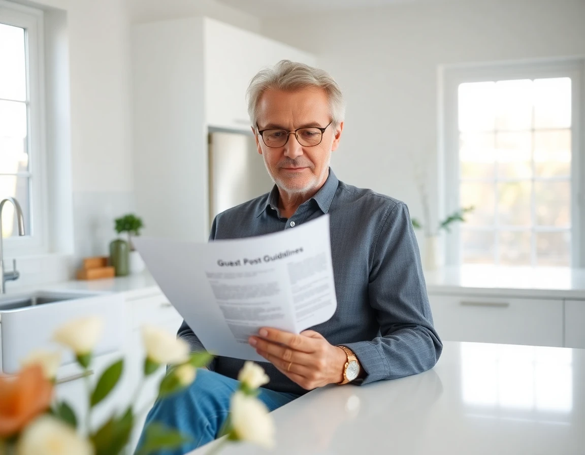 Mature person reviewing guest post guidelines in bright modern kitchen