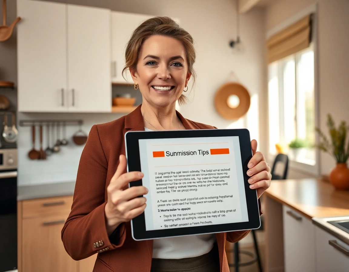 Confident woman presenting guest post tips on tablet in stylish kitchen