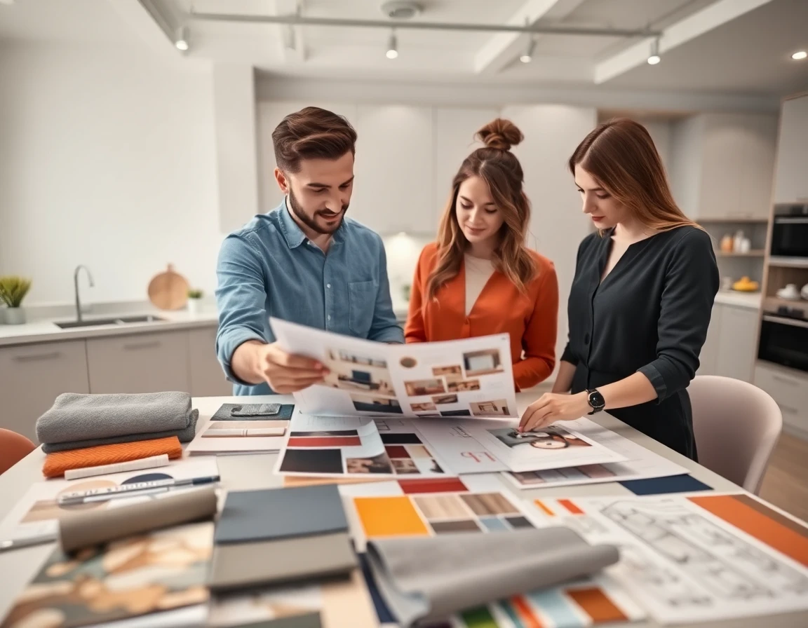 Home decorator reviewing mood boards and samples in kitchen studio