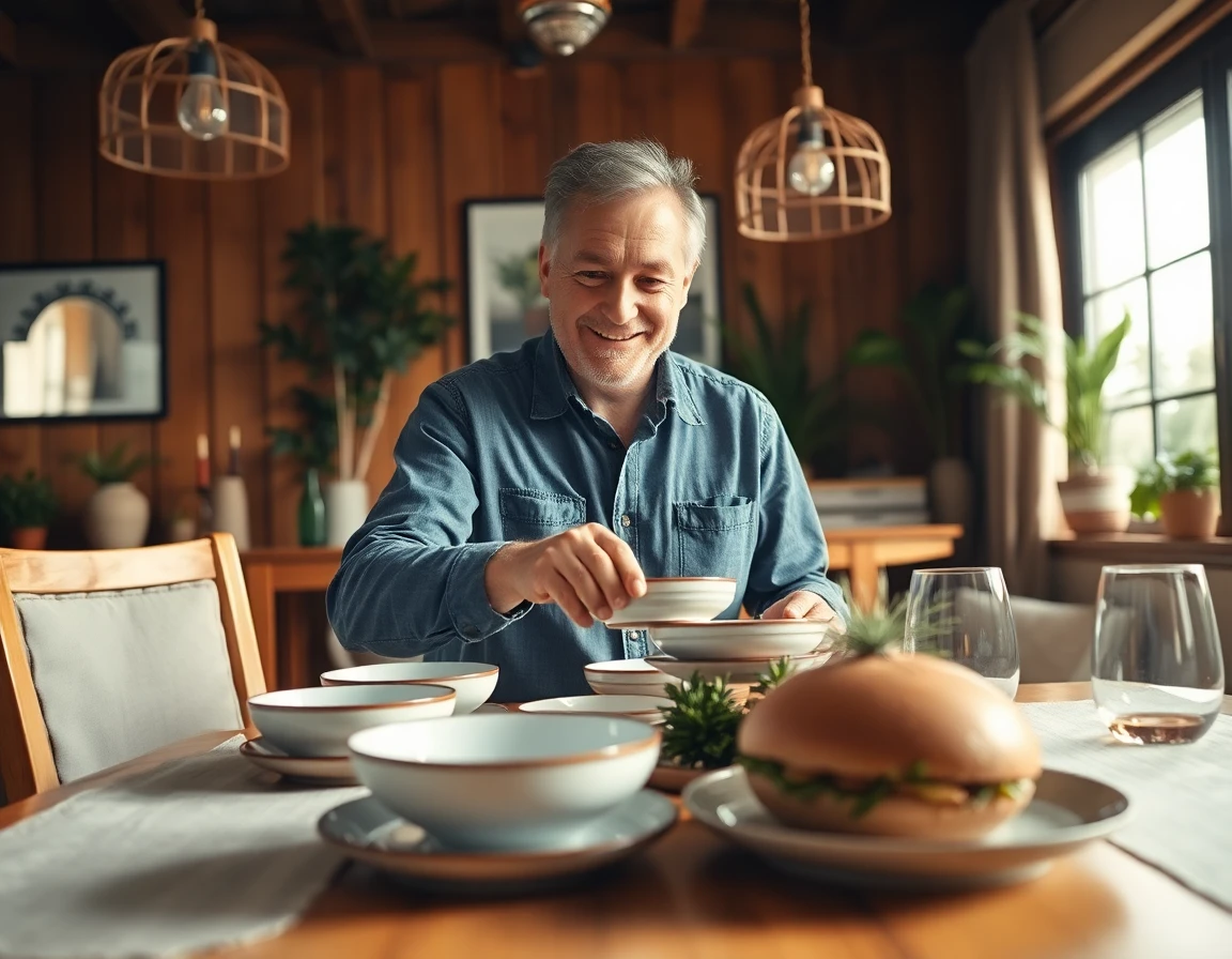 Warm home dining area with man preparing table, inviting atmosphere, soft diffused lighting