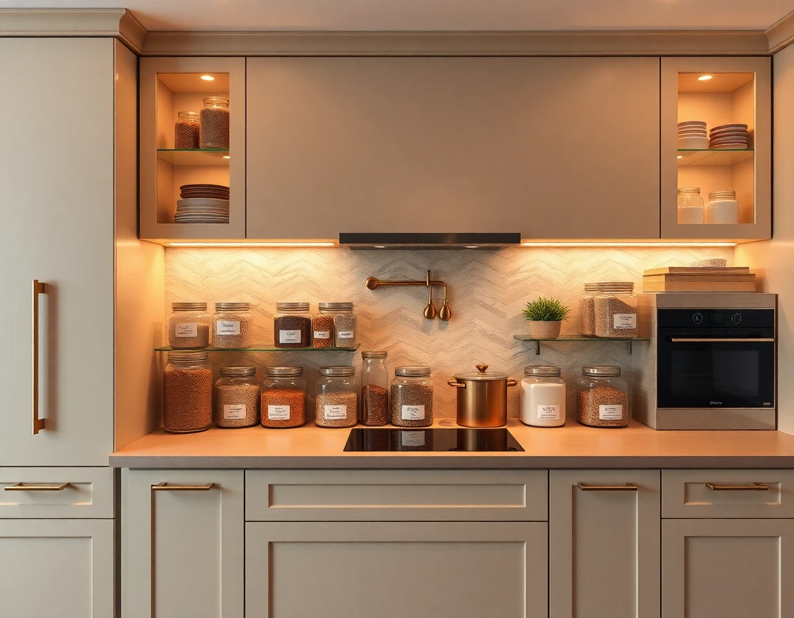 Modern home kitchen with organized bulk storage jars, warm lighting, inviting atmosphere