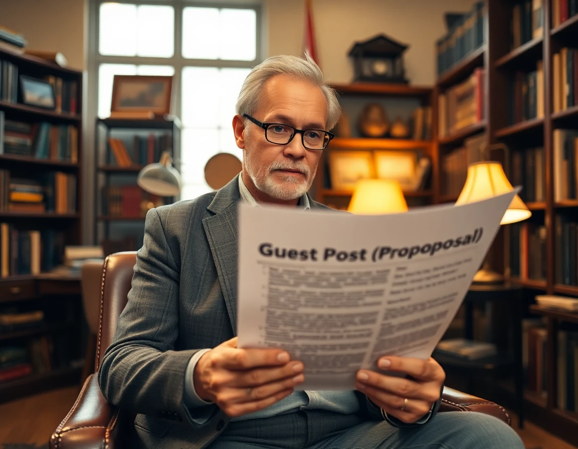 Senior professional reviewing guest post proposal in a cozy home library setting