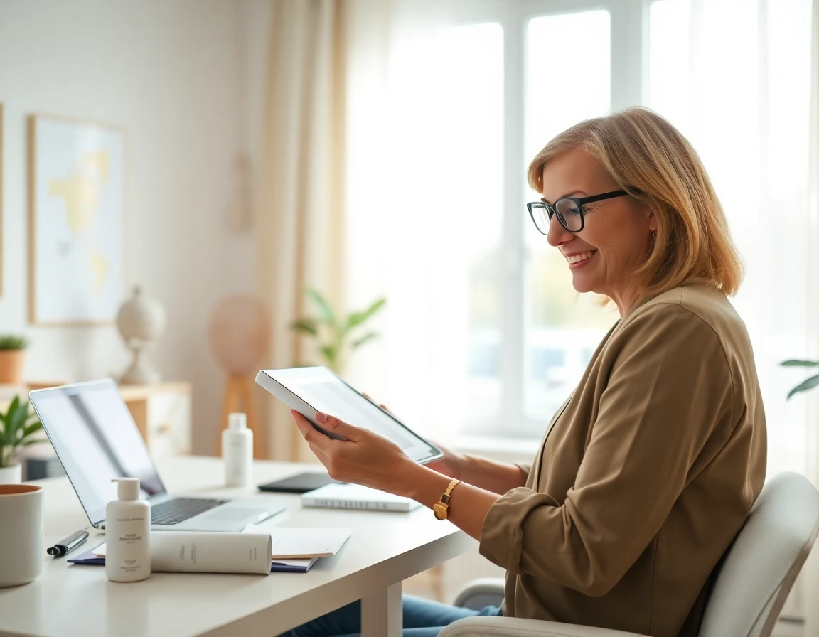 Woman reviewing white-label branding materials in cozy home office, natural light, professional atmosphere