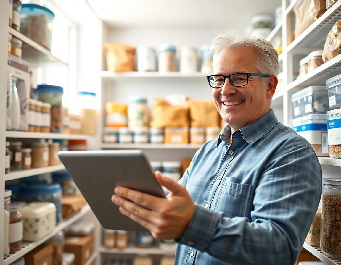 Homeowner reviewing bulk supplies on tablet in organized pantry, natural daylight, confident mood