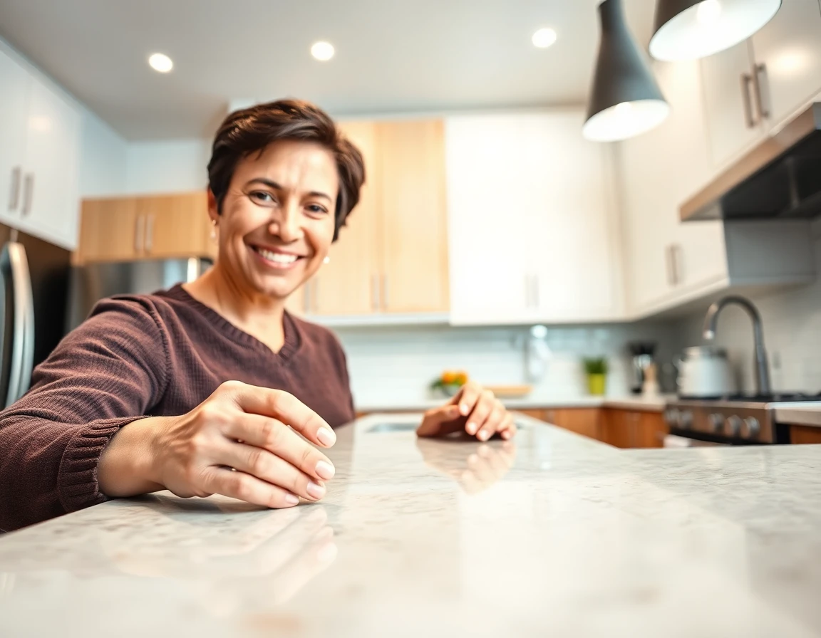 Homeowner inspecting renovated kitchen countertop with confident smile