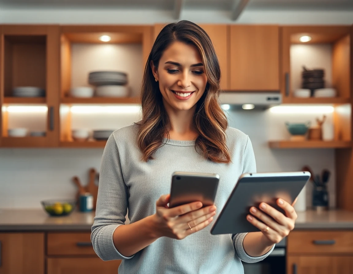 female homeowner reviewing tablet in cozy kitchen for disclaimer article