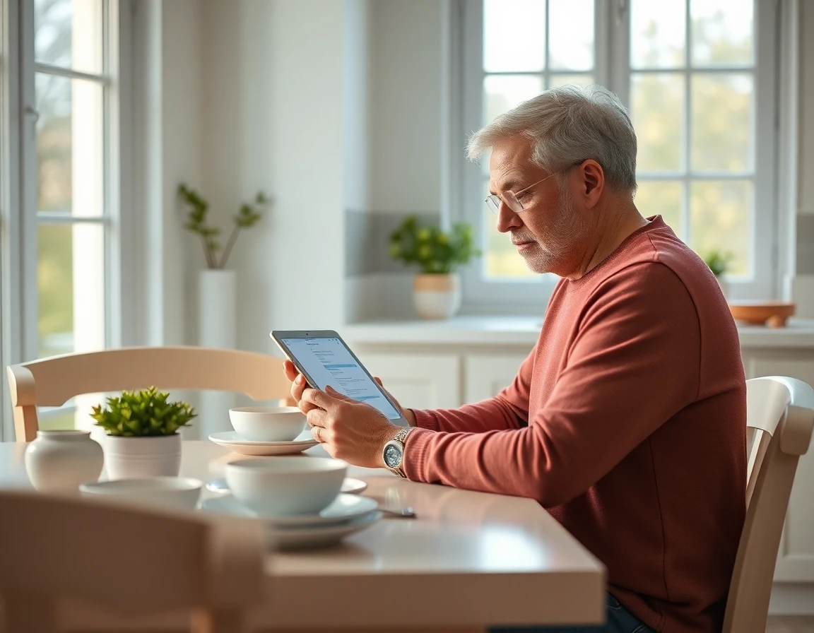 Homeowner reviewing organized meal plan on tablet in a bright, tidy kitchen nook
