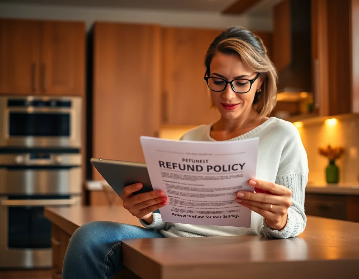 Homeowner reviewing refund policy on tablet in modern kitchen, warm ambient lighting, confident mood