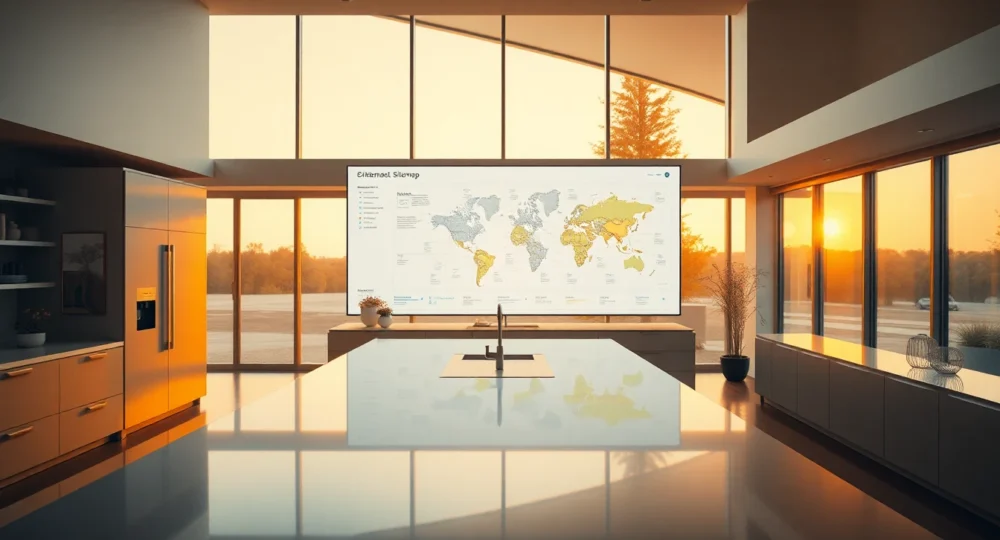 Modern kitchen with digital sitemap display, cinematic wide banner, inviting and professional atmosphere