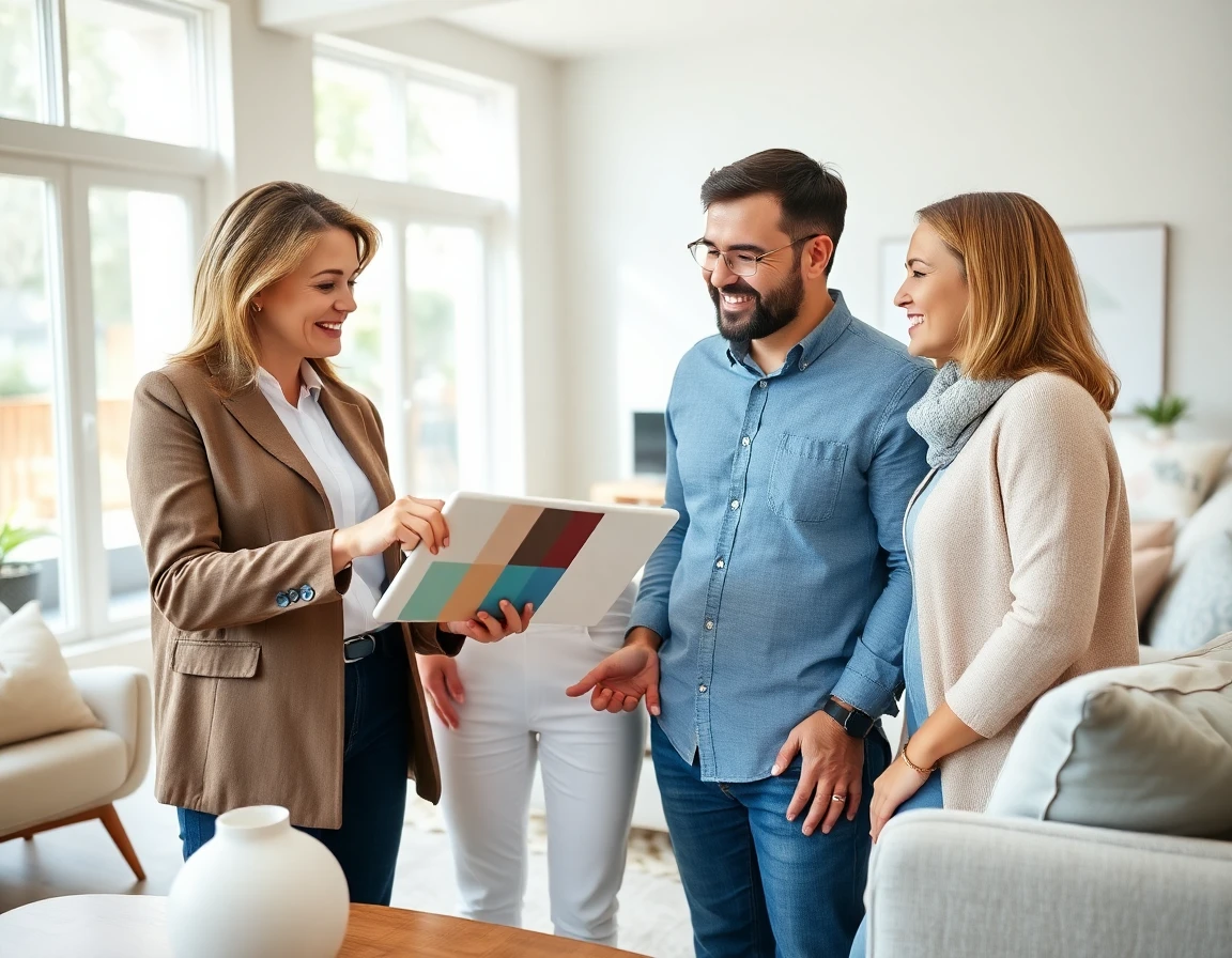 Interior designer consulting with clients in bright modern living room