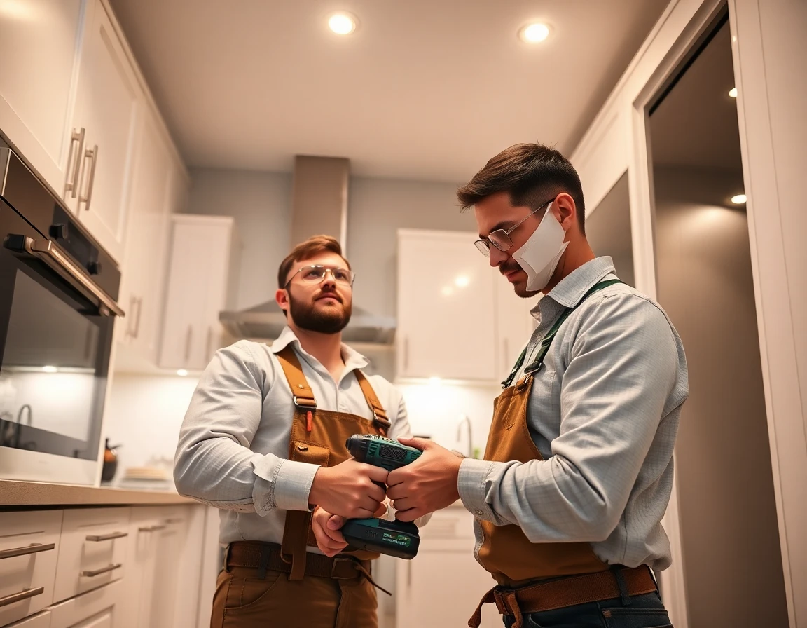 Kitchen installer fitting appliances in modern, well-lit kitchen