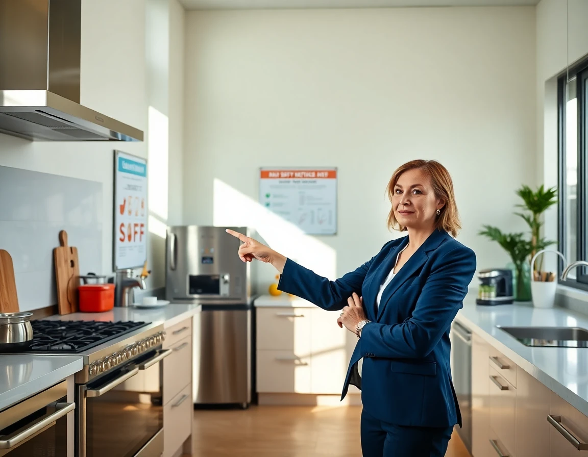 kitchen safety consultant pointing at notice board in modern kitchen