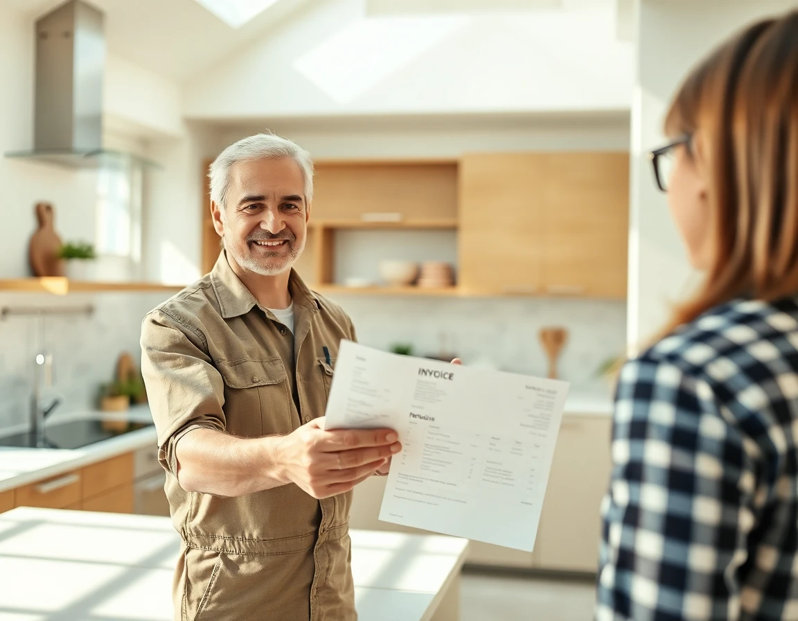 Kitchen technician handing invoice to satisfied customer, bright modern kitchen, professional trustworthy scene