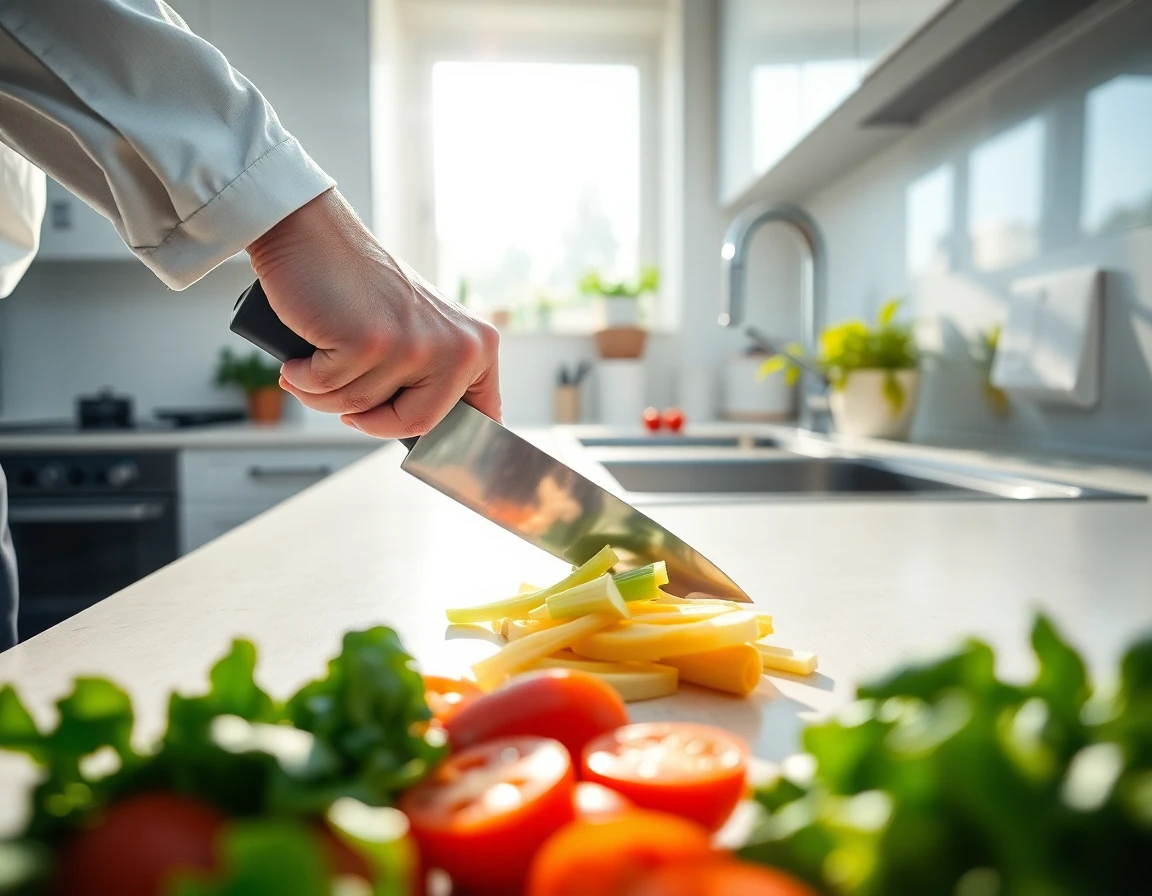 Close-up of chef slicing vegetables on kitchen countertop, bright natural morning light