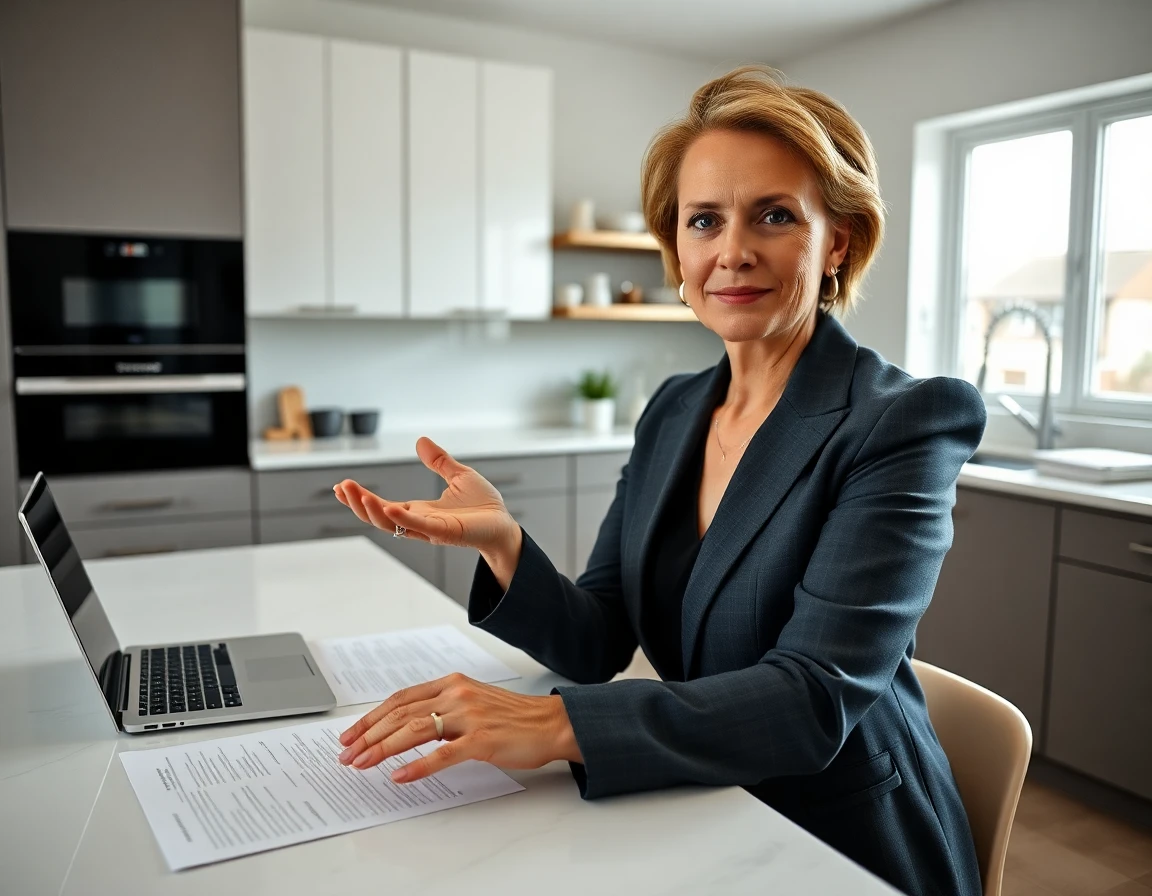 legal expert discussing disclaimer documents in modern kitchen setting