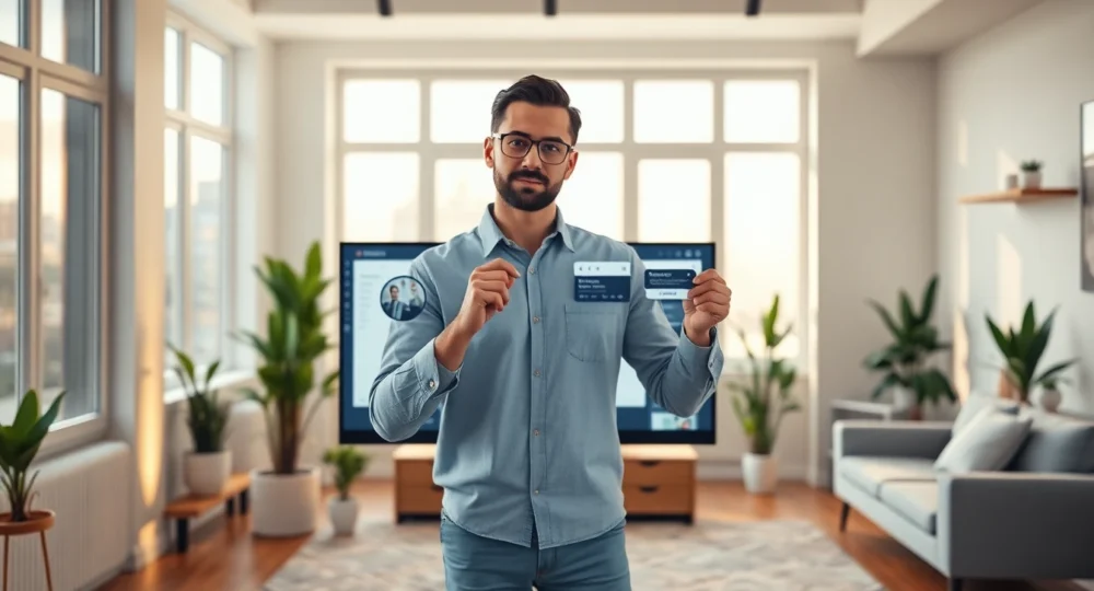 Modern home office with digital marketer inserting a link on a large monitor, bright natural lighting