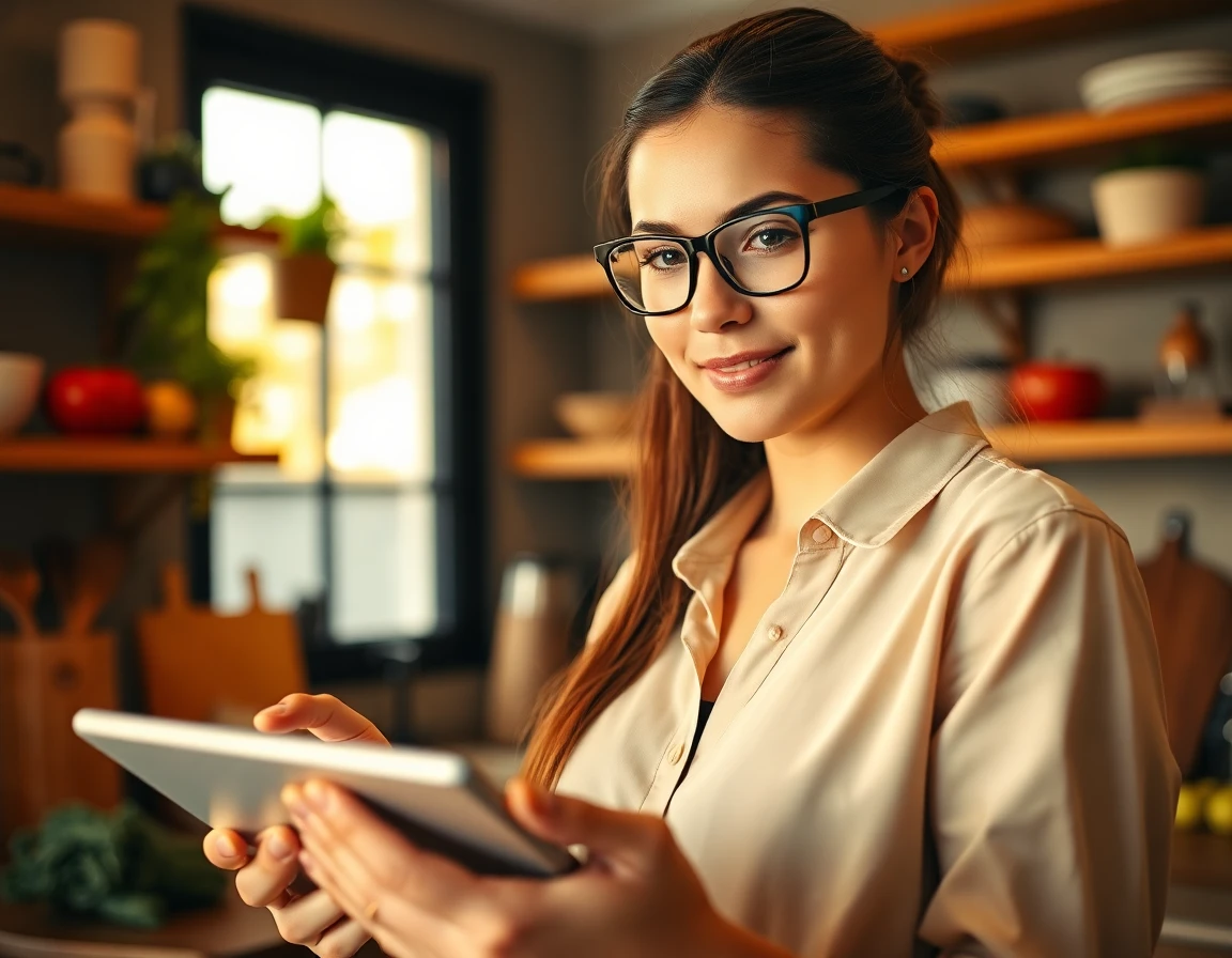 Young woman using tablet to insert link in a cozy kitchen environment with warm lighting