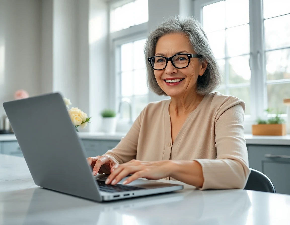 Senior woman inserting link on laptop in bright kitchen with natural lighting and minimalist decor