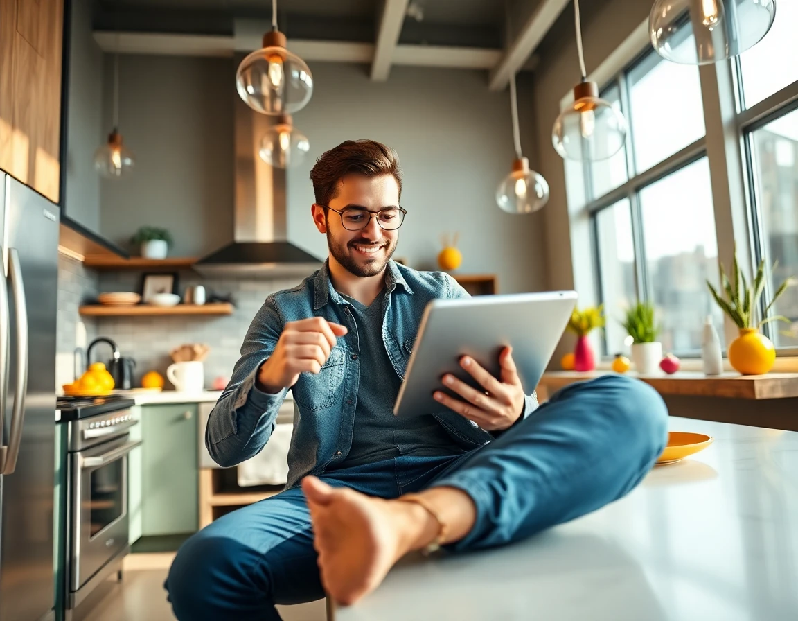Young tech-savvy man inserting a link on tablet in a vibrant modern kitchen with bright natural light