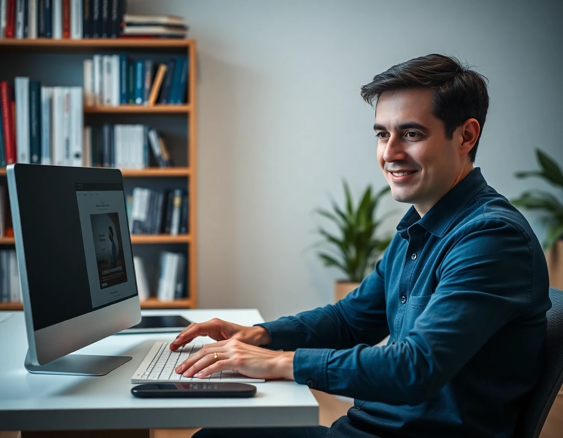 Male web editor reviewing webpage for link insertion in a modern home office with soft studio lighting
