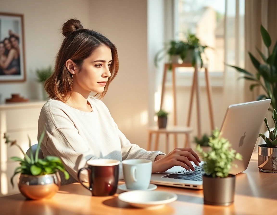 young female content creator working at home workspace with natural morning light