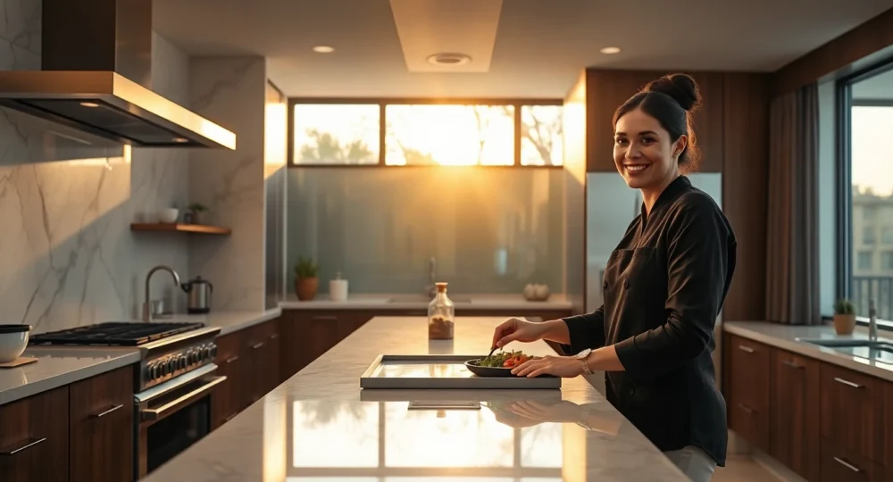 cinematic wide banner of a luxurious modern home kitchen with chef during golden hour