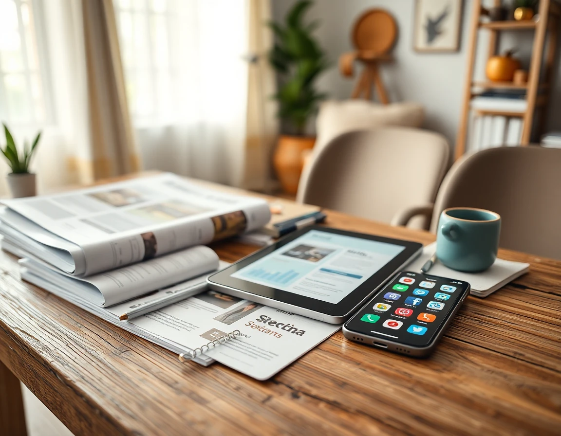close-up of organized media kit with brochures, tablet, and smartphone on wooden table