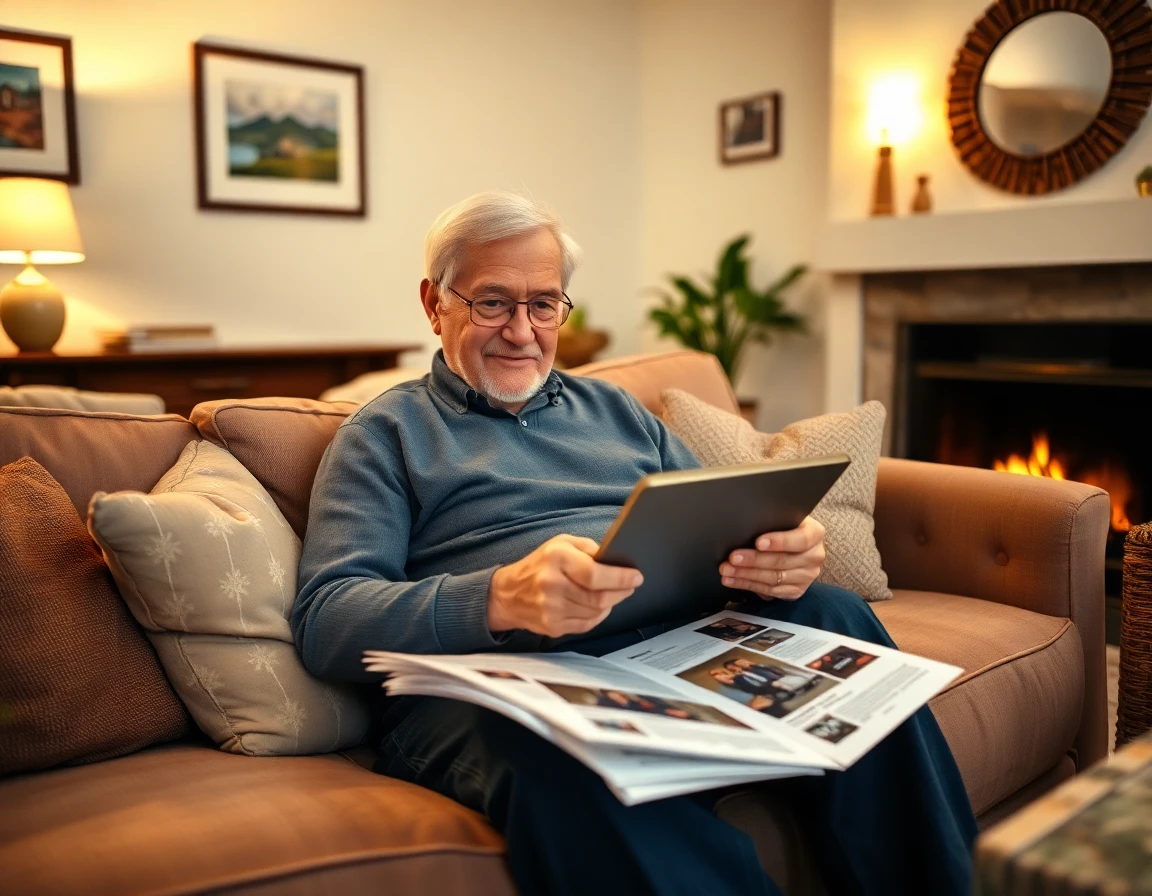 older adult reviewing media kit in cozy lit living room with tablet and printed materials