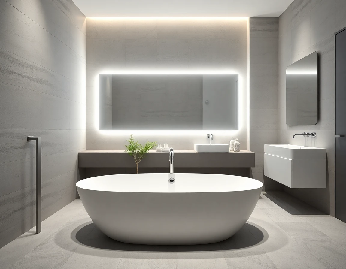 Luxurious minimalist bathroom with modern bathtub, backlit mirror, and soft ambient lighting