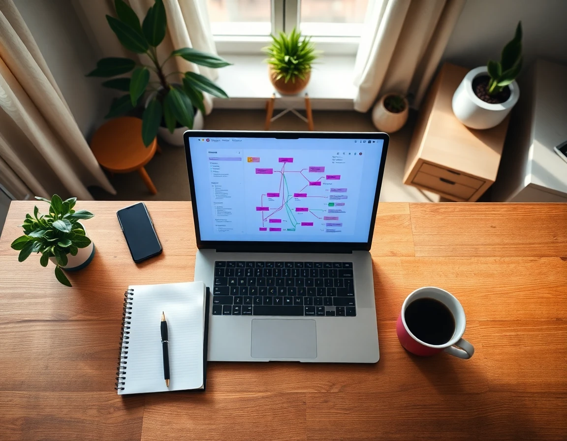 Overhead view of workspace with sitemap on laptop, organized and serene environment, professional tone
